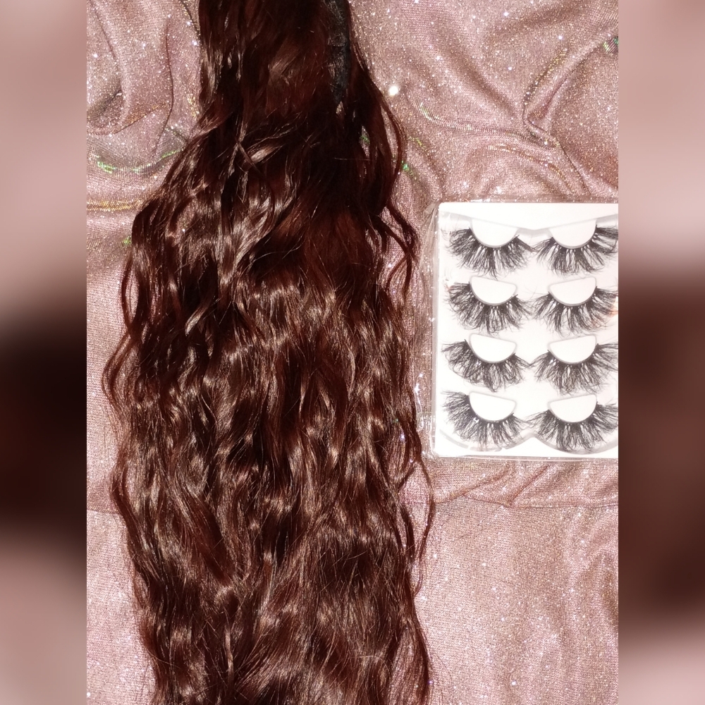 Dark Brown Beach Wave Clip-In Hair Extension with 4-Pair Of Lashes